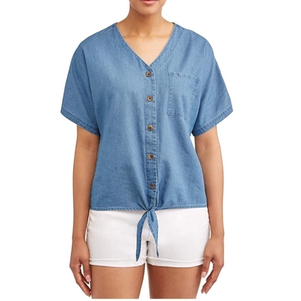Time and Tru V-Neck Denim Short Sleeve Front Tie Chambray Button Up
